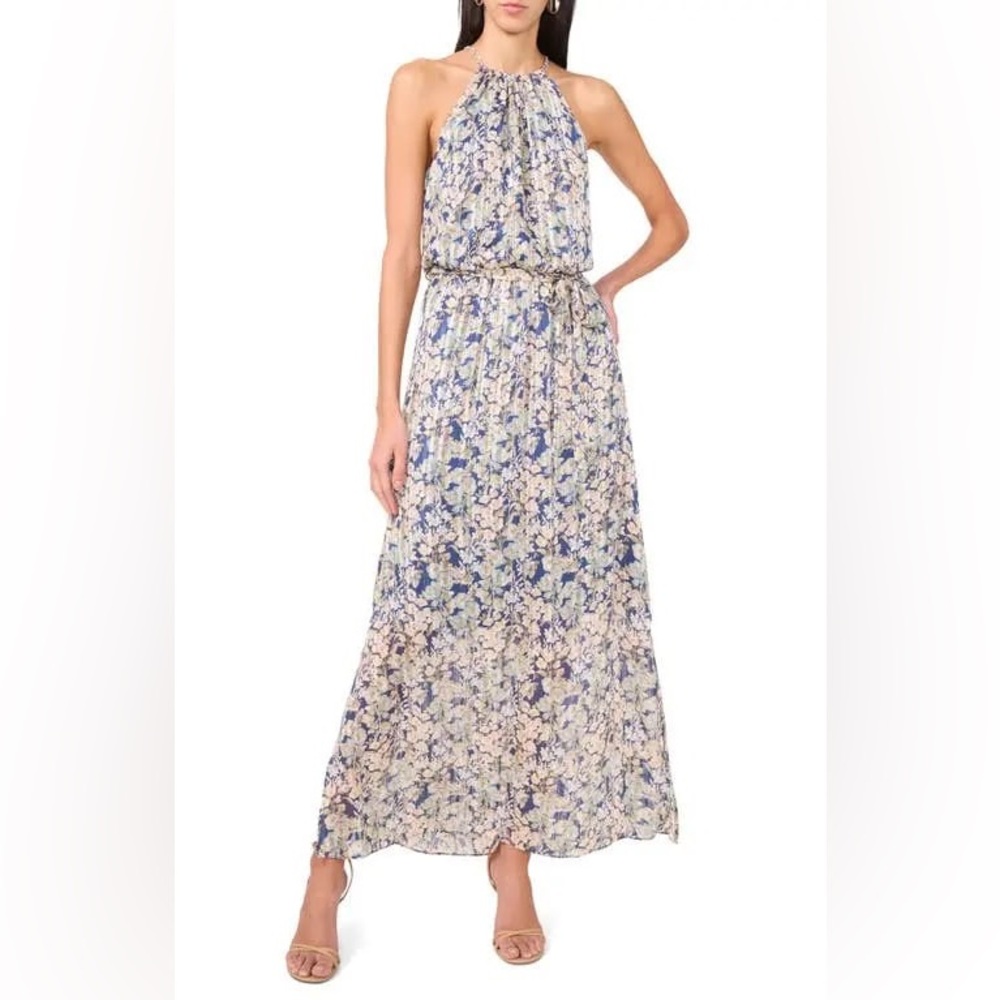Halogen Curb Chain Detail Metallic Floral Maxi Dress Sz XL